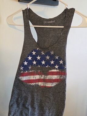 Stranded Charcoal Racerback Tank with Flag Lips Graphic